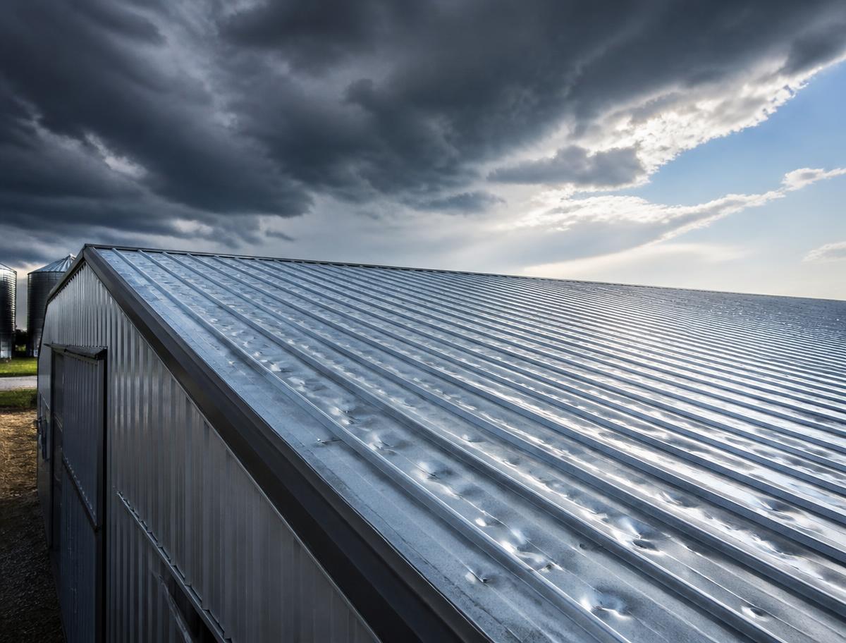 Hail-damaged corrugated metal roof under a storm sky